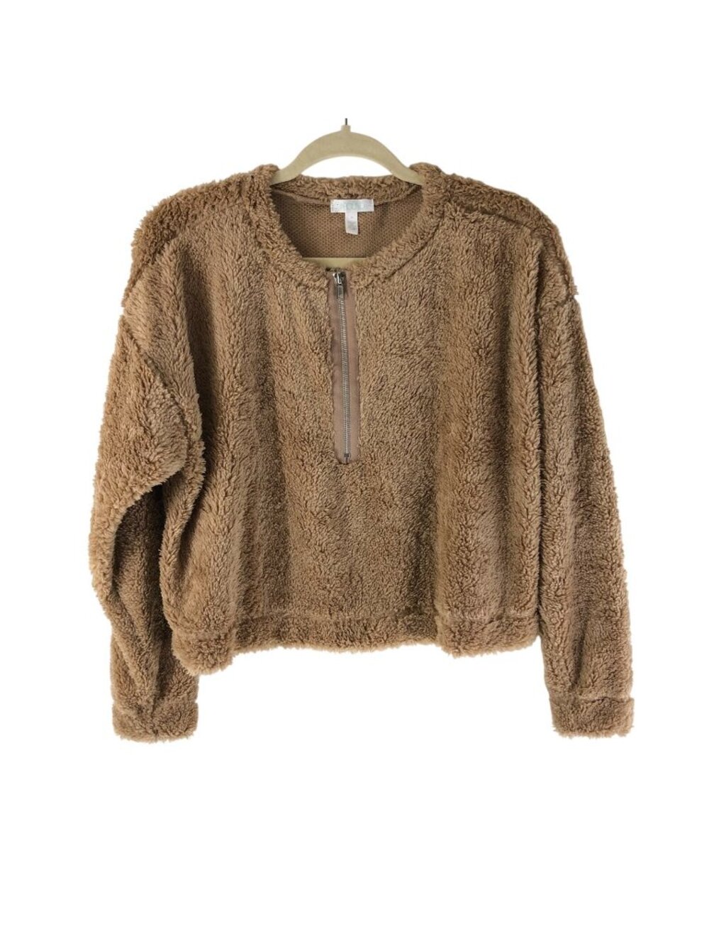 Abound Womens Crop Top 1/4 Zip Fleece Fuzzy Crew Neck Long Sleeve Brown Size M